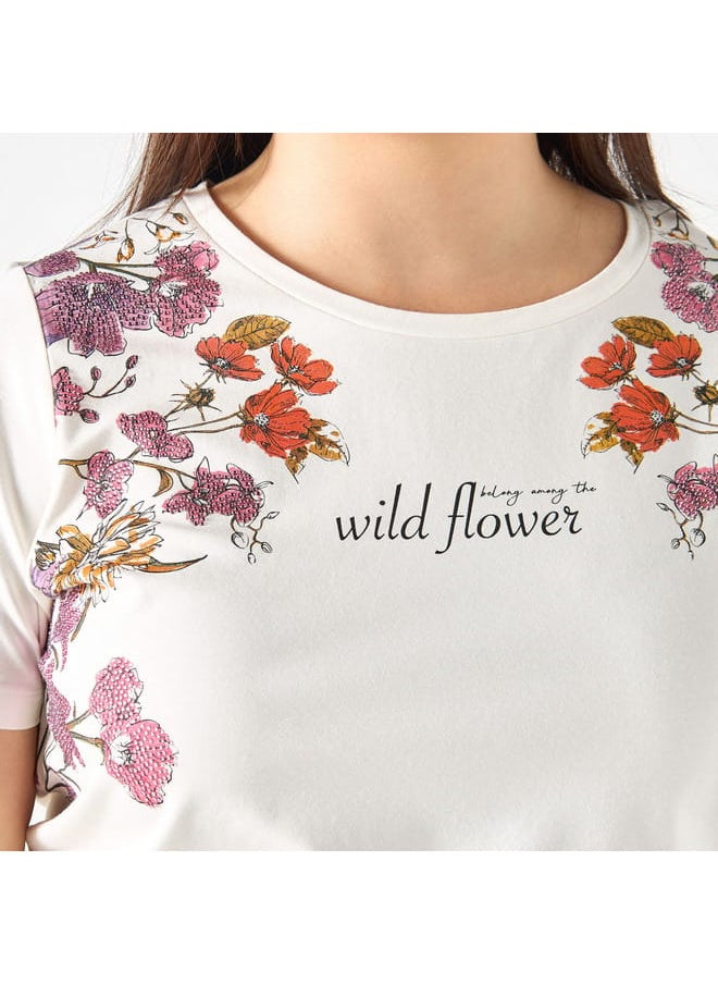 Ulla Popken Plus Size Ulla Popken Floral Print Crew Neck T-shirt with Short Sleeves  - Image 4