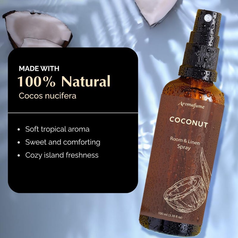 أرومافيوم بخاخ غرفة جوز الهند، الكتان والوسادة من أرومافيوم | 100 مل / 3.38 أونصة سائلة | مع زيت جوز الهند العطري النقي | بخاخ العلاج العطري للاسترخاء، النوم وتخفيف التوتر | رذاذ للفراش، الأقمشة - Image 2