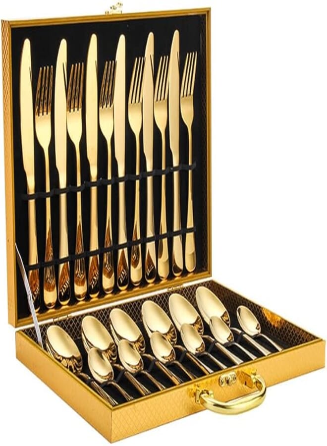 COSYINN Stainless Steel Gold Flatware Set with Premium Gift Box Mirror Polished Cutlery Set, Serve for 6, Including 6xKnives, 6xForks, 6xSpoons, 6xTeaspoons, 24 pieces Tableware Set