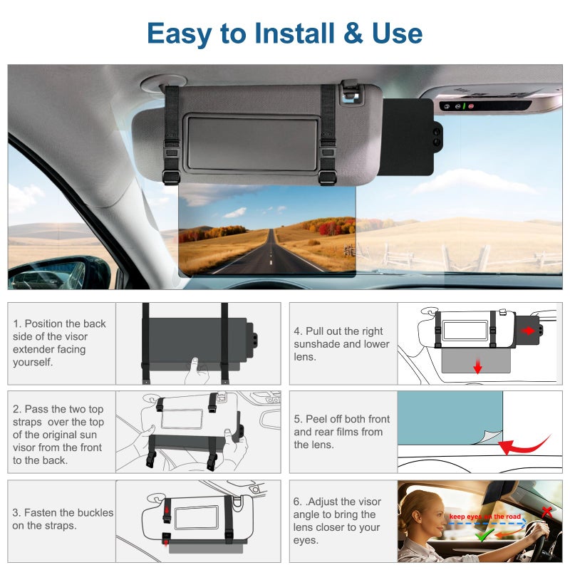 Veharvim Sun Visor Extender for Car (Polarized, UV400, PC Lens, Side Sunshade, Straps&Adjusters), Car Visor Extender Sun Blocker, Visor Extender Attachment, Anti-Glare for Safe Driving(Driver Side) - Image 5