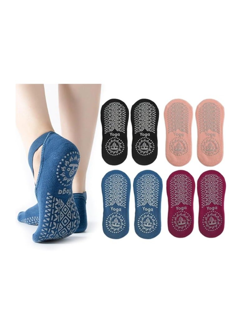 ECVV ECVV 4 Pairs Yoga Socks For Women, Pilates Grips Socks Non-Slip Grips & Straps Ideal for Pilates, Pure Barre, Ballet, Dance, Barefoot Workout (Size: 35-39)  - Image 1