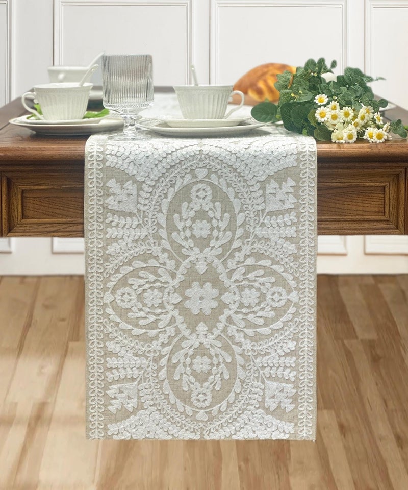 KEVA Boho Table Runner 91inches Long, Farmhouse Rustic Vintage White Embroidered Table Runners 13x91 Inch for Dining Table Decorations - Image 2