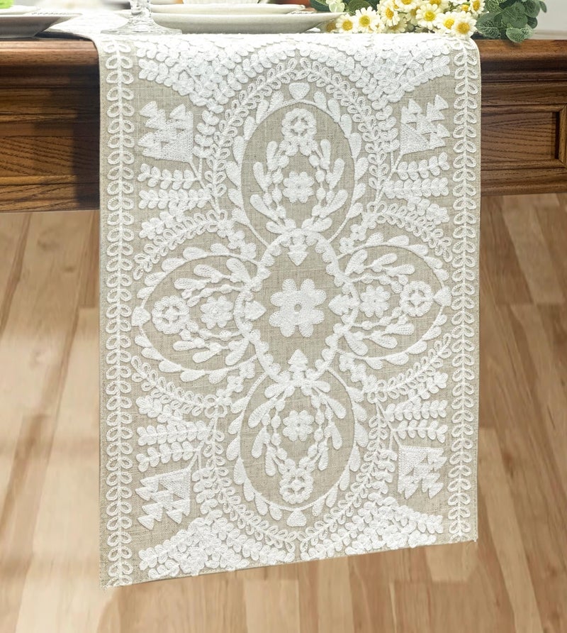 KEVA Boho Table Runner 91inches Long, Farmhouse Rustic Vintage White Embroidered Table Runners 13x91 Inch for Dining Table Decorations - Image 4
