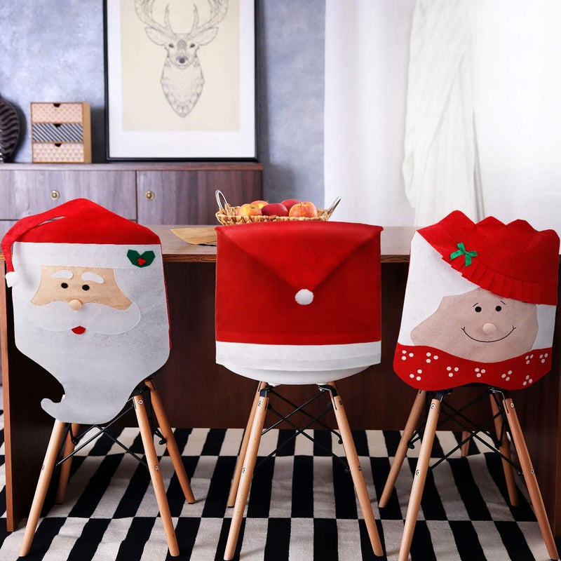 Tatuo Tatuo 4 Pieces Christmas Chair Covers Decor Santa Claus Red Hat Snowflake Chair Xmas Cap Kitchen Dining Chair Slipcovers Sets for Christmas Holiday Festive Decorations Red Santa Hat
