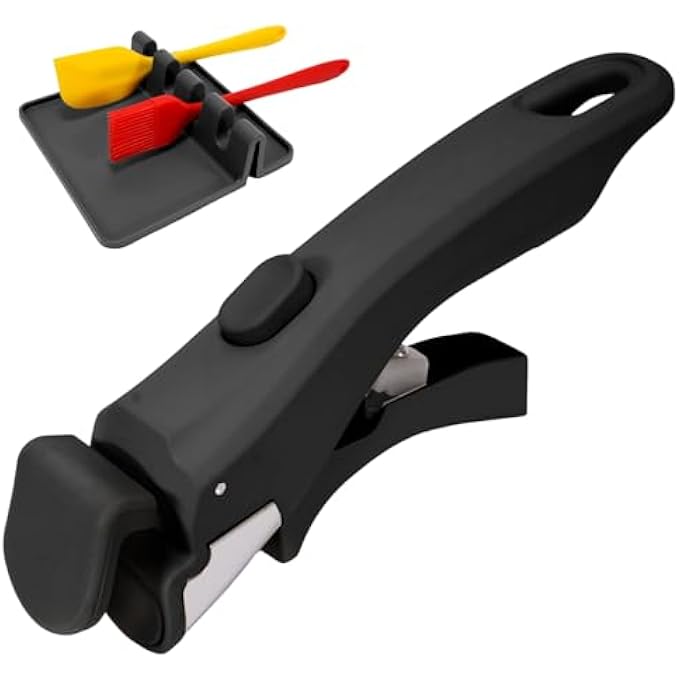 ريحني مقبض وعاء قابل للإزالة، مقبض مقلاة أسود عالمي، مقبض بديل للأواني والمقالي يناسب جميع أدوات الطهي، يتضمن مسند ملعقة ووسادة تنقيط ومتين ومقاوم للحرارة - Image 1