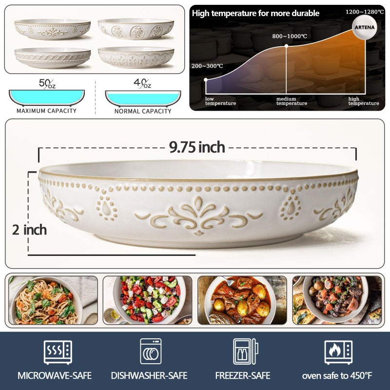 Artena Pasta Bowls, 50oz Large Salad Serving Bowls, 9.75'' Plates Bowls Set of 4, Big White Ceramic Soup Bowls for Kitchen, Embossment Shallow Dinner Bowl, Microwave Dishwasher Safe, Multiple Patterns - Image 3