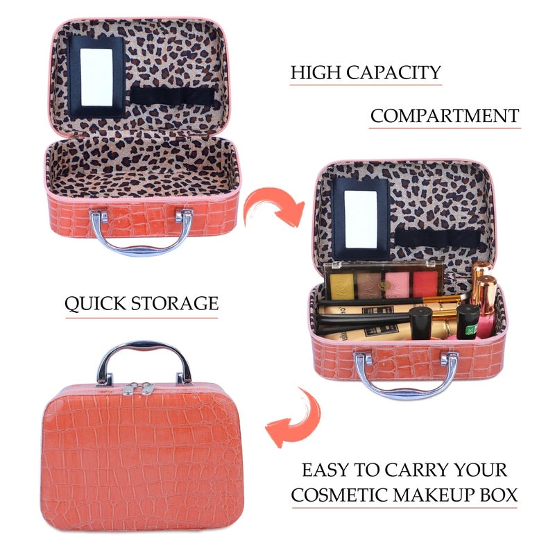 Ayaha Makeup Box Cosmetic Box Trousseau Box Jewellery Box Toiletry Bag Vanity Box Organizer with Magnifying Compact Makeup Mirror Pink - Image 3