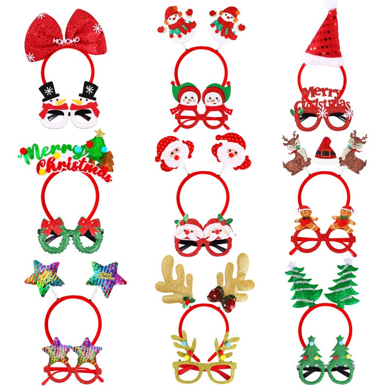 MGparty 18 Pieces Christmas Headbands and Glasses Frame Set with 18 Cute Designs Exquisite Decoration Accessories for Christmas Parties Holiday Favors and Photo Booth