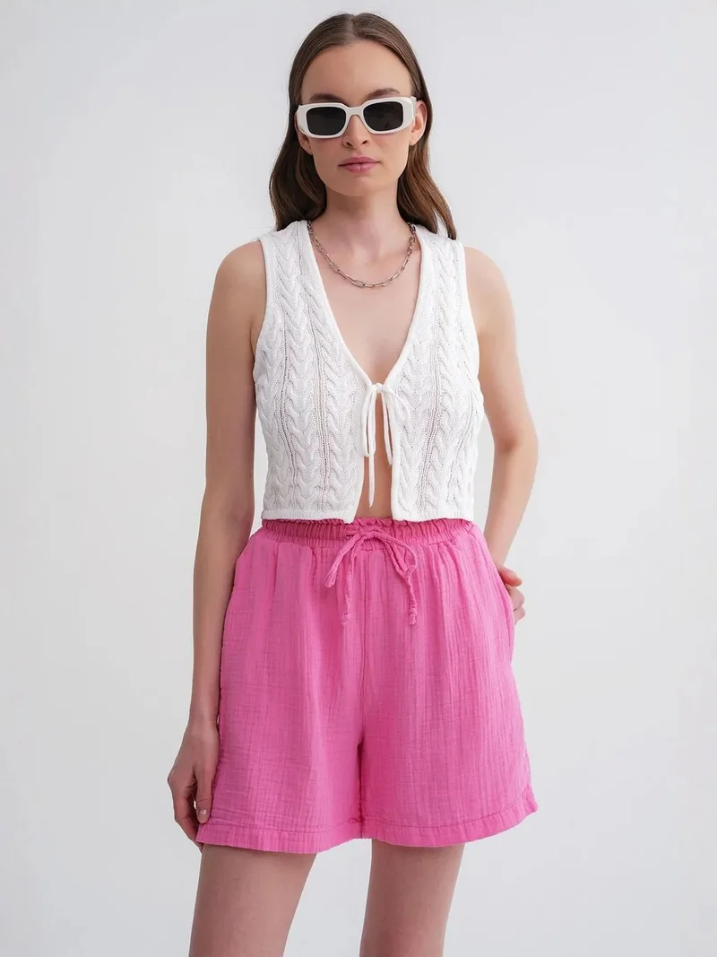 Mixray Bright Pink Mixray High-Waist Textured Wide-Leg Shorts for Women | Best Price UAE