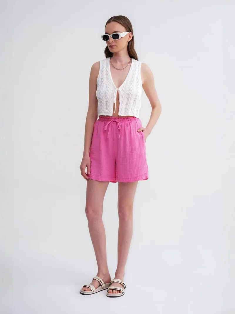 Mixray Bright Pink Mixray High-Waist Textured Wide-Leg Shorts for Women | Best Price UAE