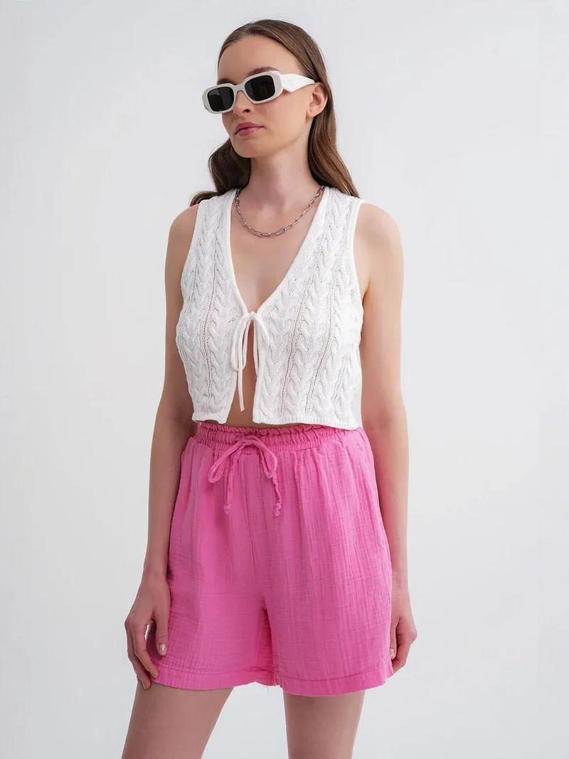 Mixray Bright Pink Mixray High-Waist Textured Wide-Leg Shorts for Women | Best Price UAE