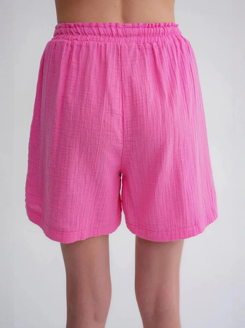 Mixray Bright Pink Mixray High-Waist Textured Wide-Leg Shorts for Women | Best Price UAE