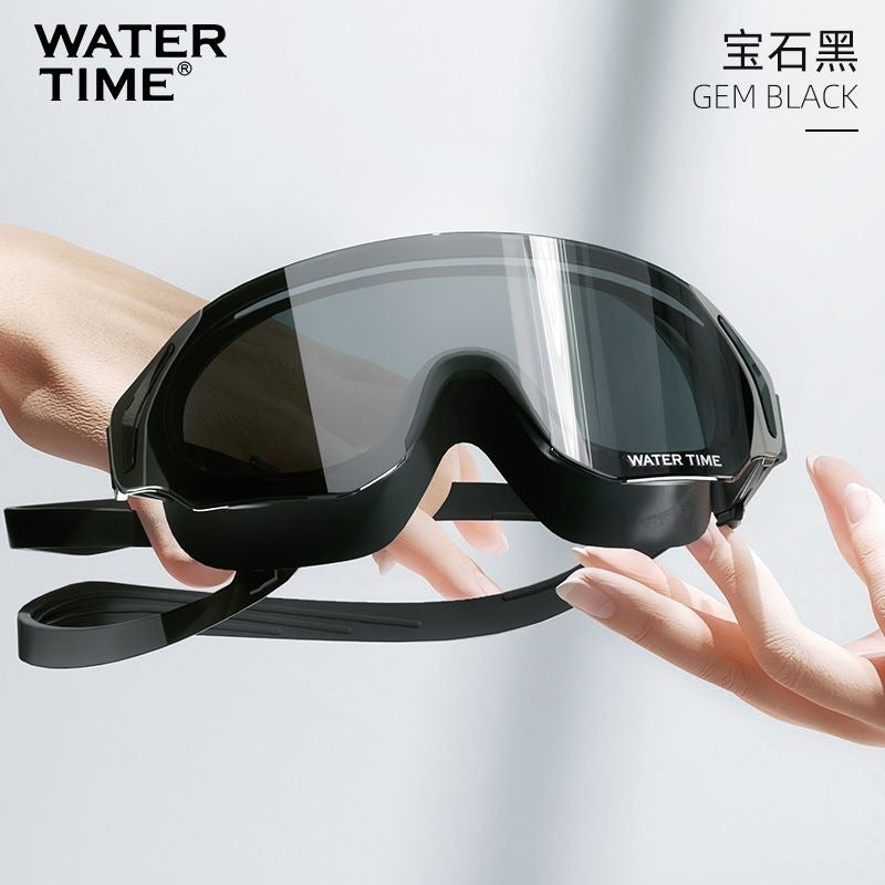 WATERTIME نظارات سباحة بتصميم إطار كبير من ووترتايم - عدسات عالية الدقة، مقاومة للضباب، ضد الماء، مع غطاء رأس مطلي للاستخدام للرجال والنساء - Image 1