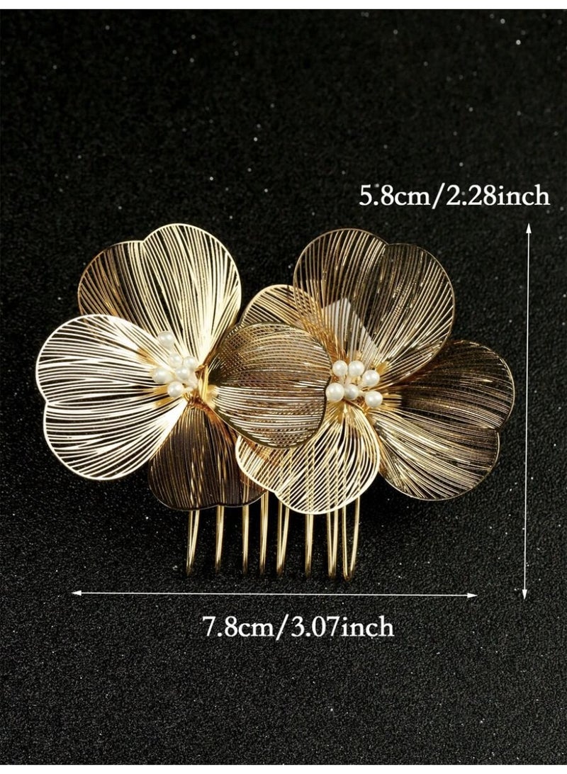 Women’s Gold-Plated Floral Hair Comb with Pearl Detail – Elegant Hair Accessory - Image 3
