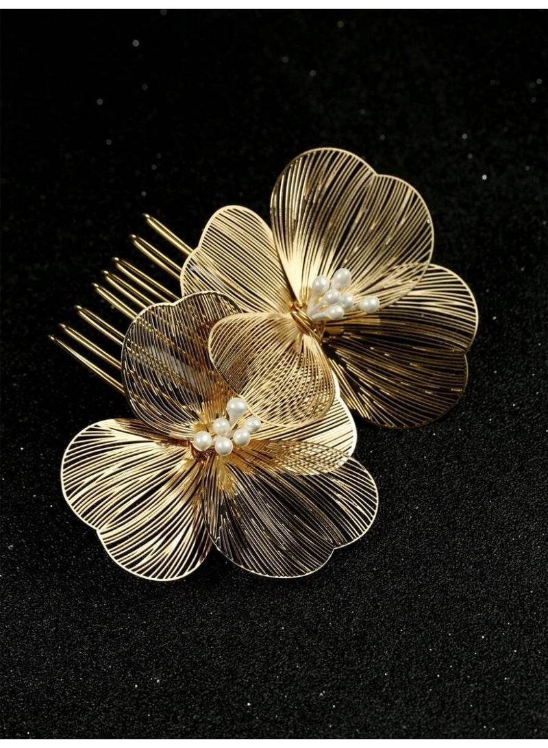 Women’s Gold-Plated Floral Hair Comb with Pearl Detail – Elegant Hair Accessory - Image 1