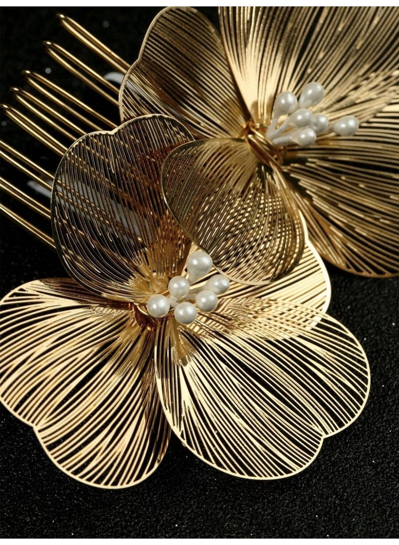 Women’s Gold-Plated Floral Hair Comb with Pearl Detail – Elegant Hair Accessory - Image 4