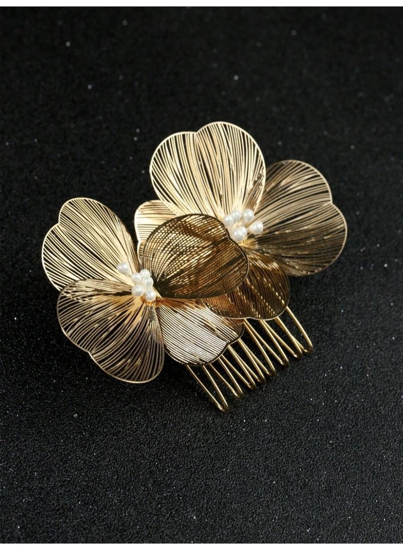 Women’s Gold-Plated Floral Hair Comb with Pearl Detail – Elegant Hair Accessory - Image 5