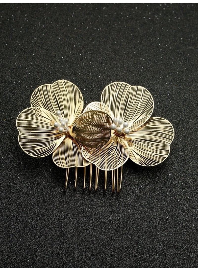 Women’s Gold-Plated Floral Hair Comb with Pearl Detail – Elegant Hair Accessory - Image 2