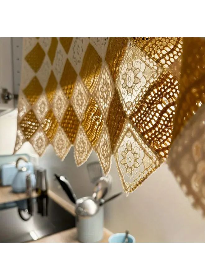 Vintage Handmade Lace Curtain Yellow Square 47.24x20.47inch Cordless Grommet Door Curtain Living Room Kitchen Home Decor - Image 2