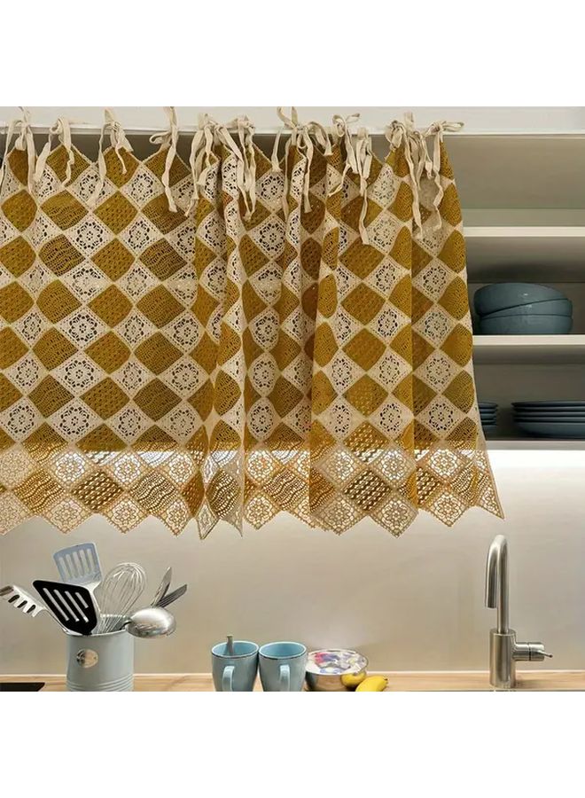 Vintage Handmade Lace Curtain Yellow Square 47.24x20.47inch Cordless Grommet Door Curtain Living Room Kitchen Home Decor - Image 1