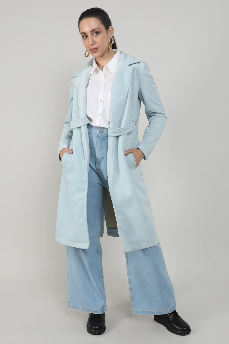 Campus Sutra Women's Baby Blue Belted Long Coat - Image 2