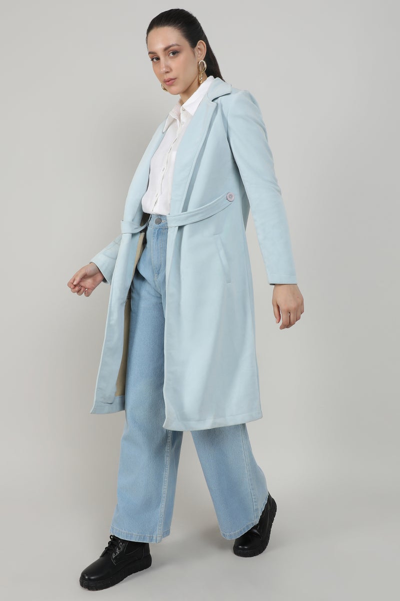 Campus Sutra Women's Baby Blue Belted Long Coat - Image 3