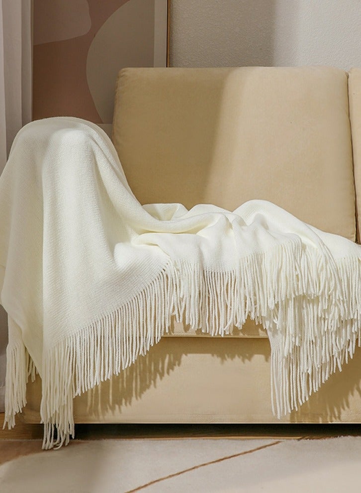 Loquat Solid Color Tassel Design Knitted Soft Throw Blanket Keep Warm White 