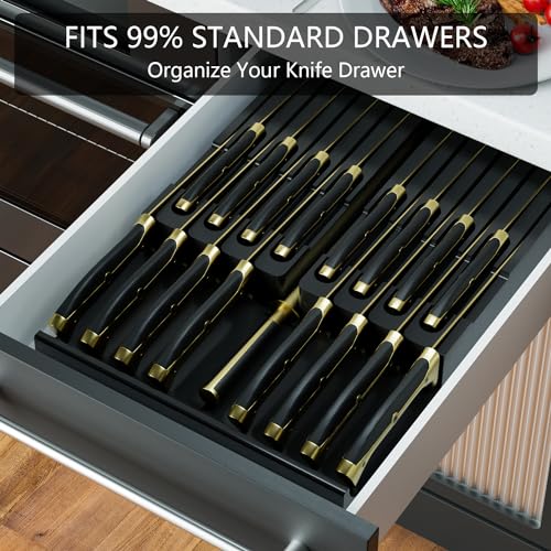 Domax Bamboo In-drawer Knife Block - Kitchen Knife Drawer Organizer Insert, Knife Holder without Knives Large, Drawer Knife Organizer Fits for 16 knives and 1 Sharpening Steel (Not Included), Black - Image 3