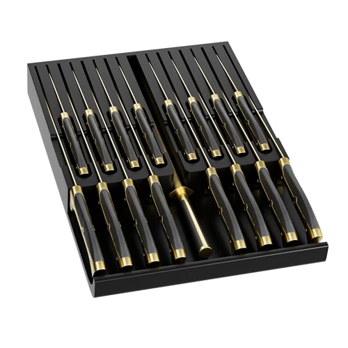Domax Bamboo In-drawer Knife Block - Kitchen Knife Drawer Organizer Insert, Knife Holder without Knives Large, Drawer Knife Organizer Fits for 16 knives and 1 Sharpening Steel (Not Included), Black - Image 1