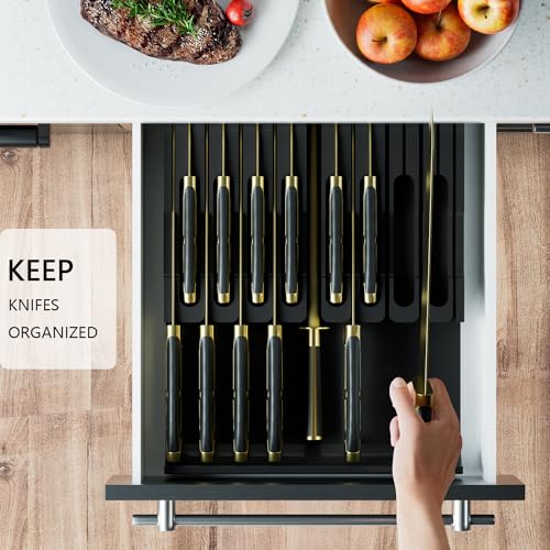 Domax Bamboo In-drawer Knife Block - Kitchen Knife Drawer Organizer Insert, Knife Holder without Knives Large, Drawer Knife Organizer Fits for 16 knives and 1 Sharpening Steel (Not Included), Black - Image 4