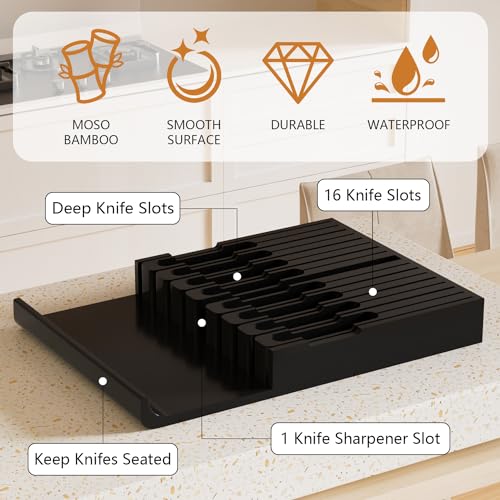 Domax Bamboo In-drawer Knife Block - Kitchen Knife Drawer Organizer Insert, Knife Holder without Knives Large, Drawer Knife Organizer Fits for 16 knives and 1 Sharpening Steel (Not Included), Black - Image 2