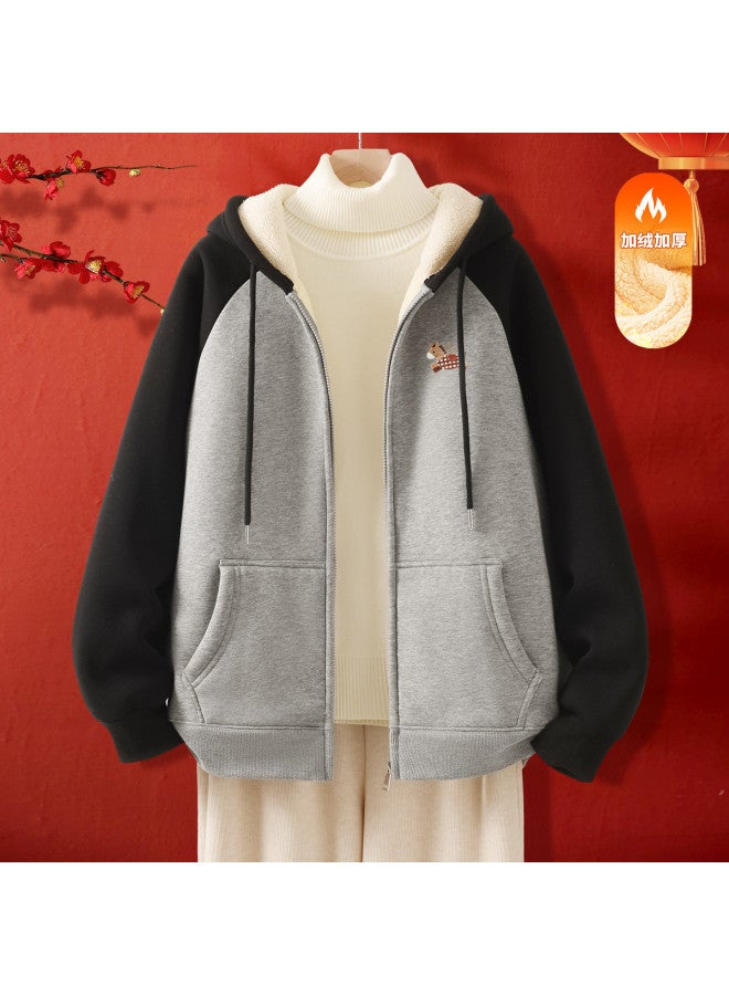 Flying in the snow Year Of The Horse Zodiac Year Color-blocking Raglan Hooded Sweatshirt For Women 2026 Winter Fleece-lined Thickened Warm Coat Top - Image 2