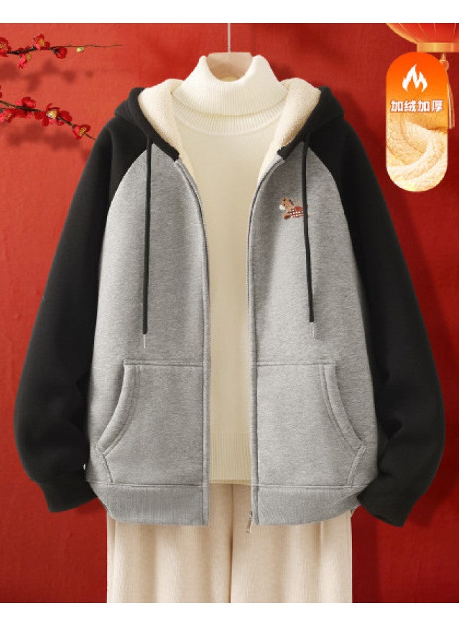 Flying in the snow Year Of The Horse Zodiac Year Color-blocking Raglan Hooded Sweatshirt For Women 2026 Winter Fleece-lined Thickened Warm Coat Top - Image 1