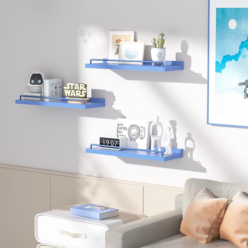 RYOFOBETTO Blue Floating Shelves, Room Decor Shelves,Pink Kawaii Room Decor Wall Shelves for Living Room, Bedroom, Picture Frames, Plants, Kitchen, Set of 3 (Blue) - Image 5