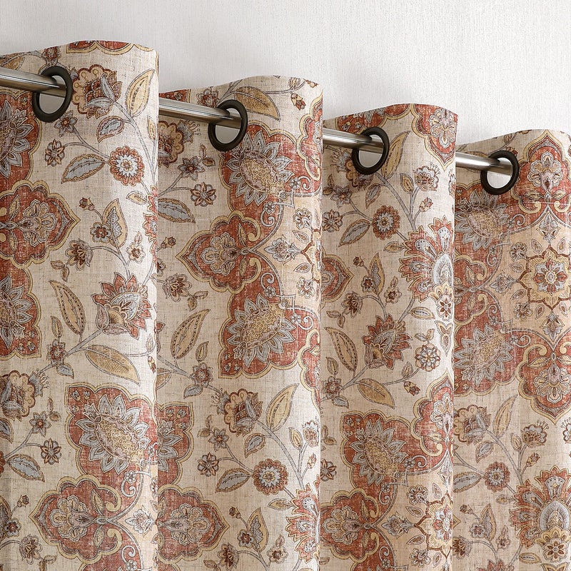 Central Park Floral Vintage Medallion Print Curtain Panel 108 Inches Long Linen Blended Botanical Print Window Drapery with Grommet Top for Bedroom, Living Room, Gold/Red, 54"x108"x2 - Image 1