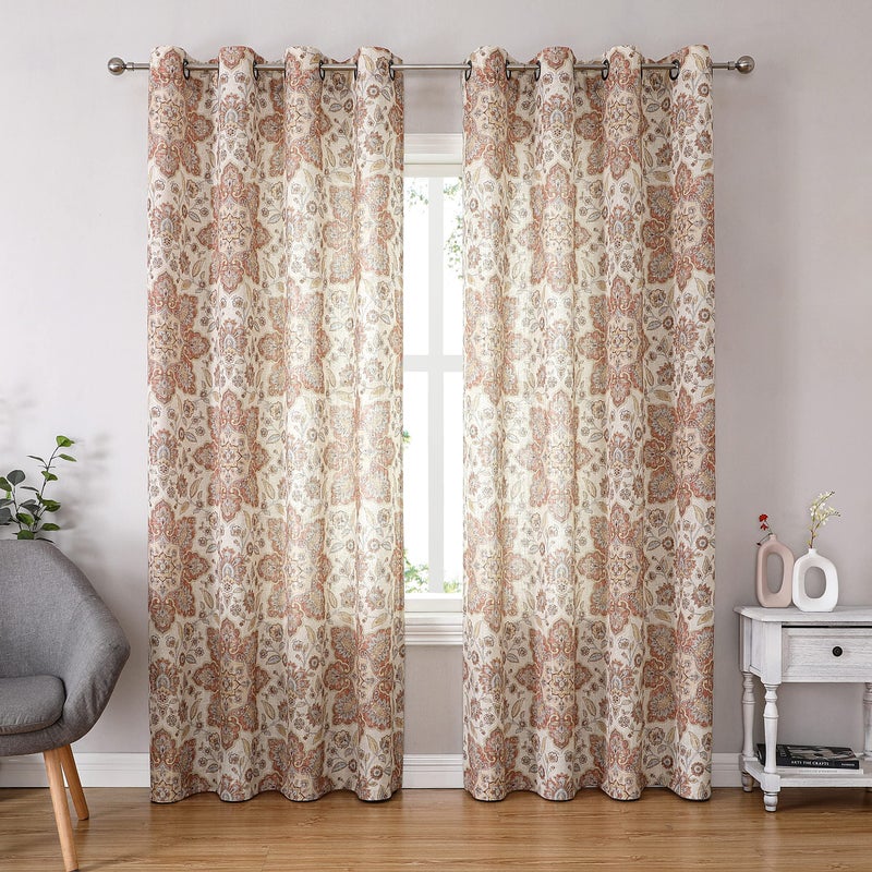 Central Park Floral Vintage Medallion Print Curtain Panel 108 Inches Long Linen Blended Botanical Print Window Drapery with Grommet Top for Bedroom, Living Room, Gold/Red, 54"x108"x2 - Image 3