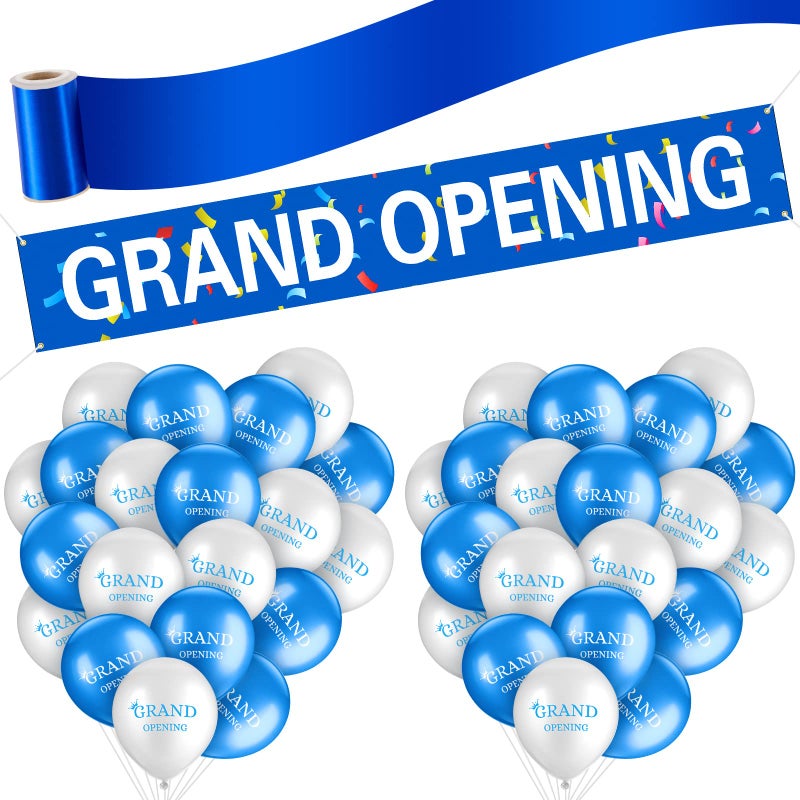 Lewtemi 42 Pieces Grand Opening Decorations Kit Includes 15 x 98 ft Grand Opening Banner 40 Balloons and Satin Ribbon for Events Inaugurations Ceremonies Blue White 