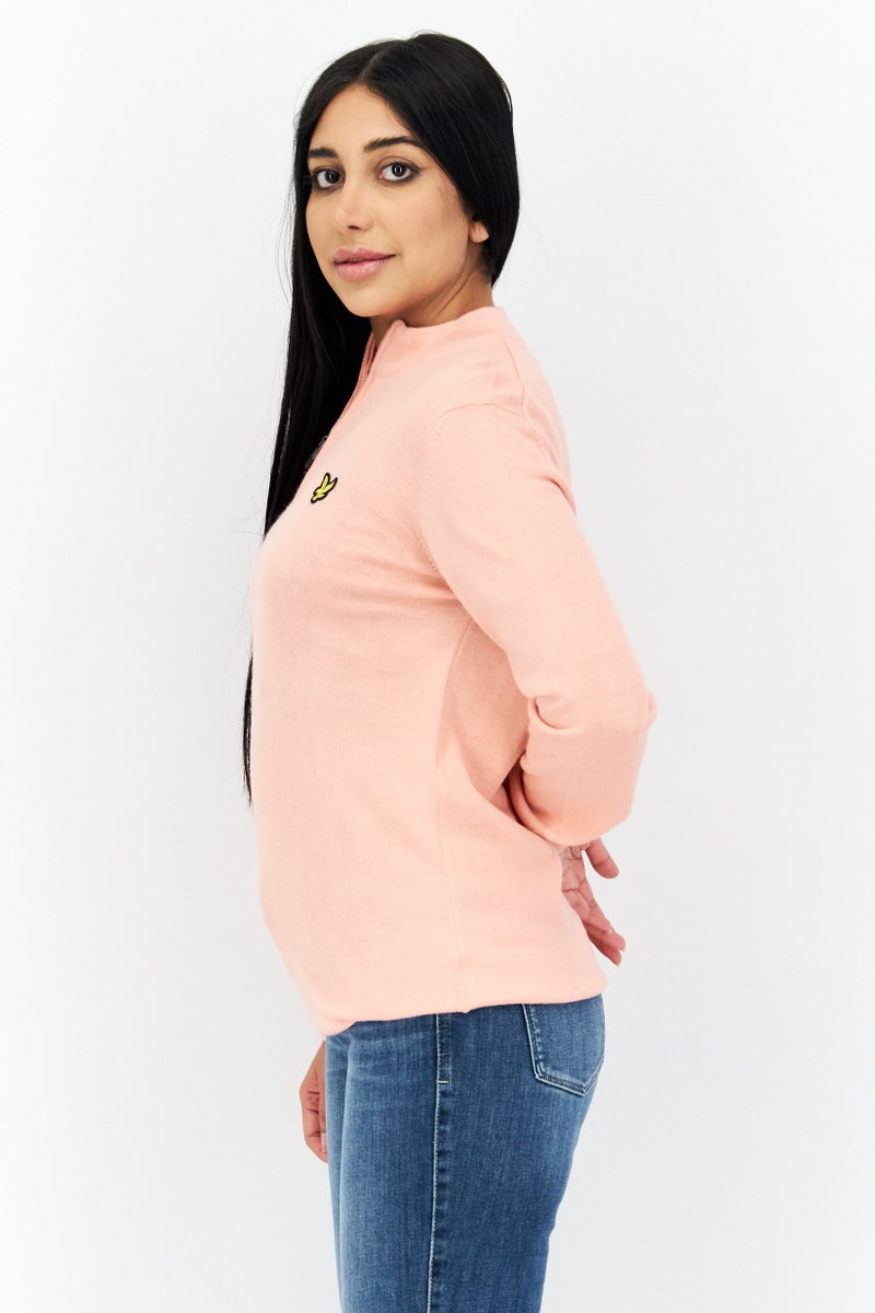 Lyle & Scott Women Mock Neck Embroidered Logo Knitted Sweatshirt, Pink - Image 3