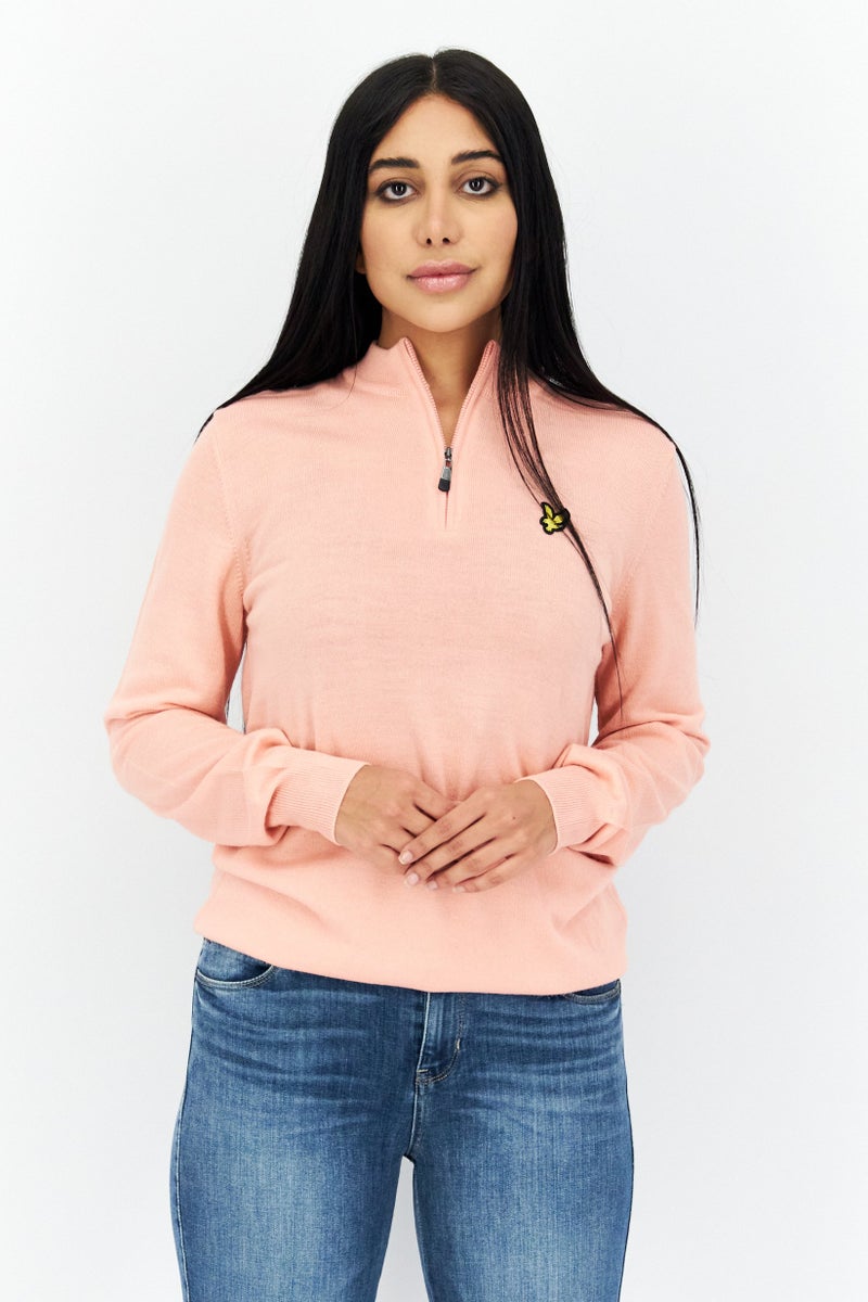Lyle & Scott Women Mock Neck Embroidered Logo Knitted Sweatshirt, Pink - Image 1