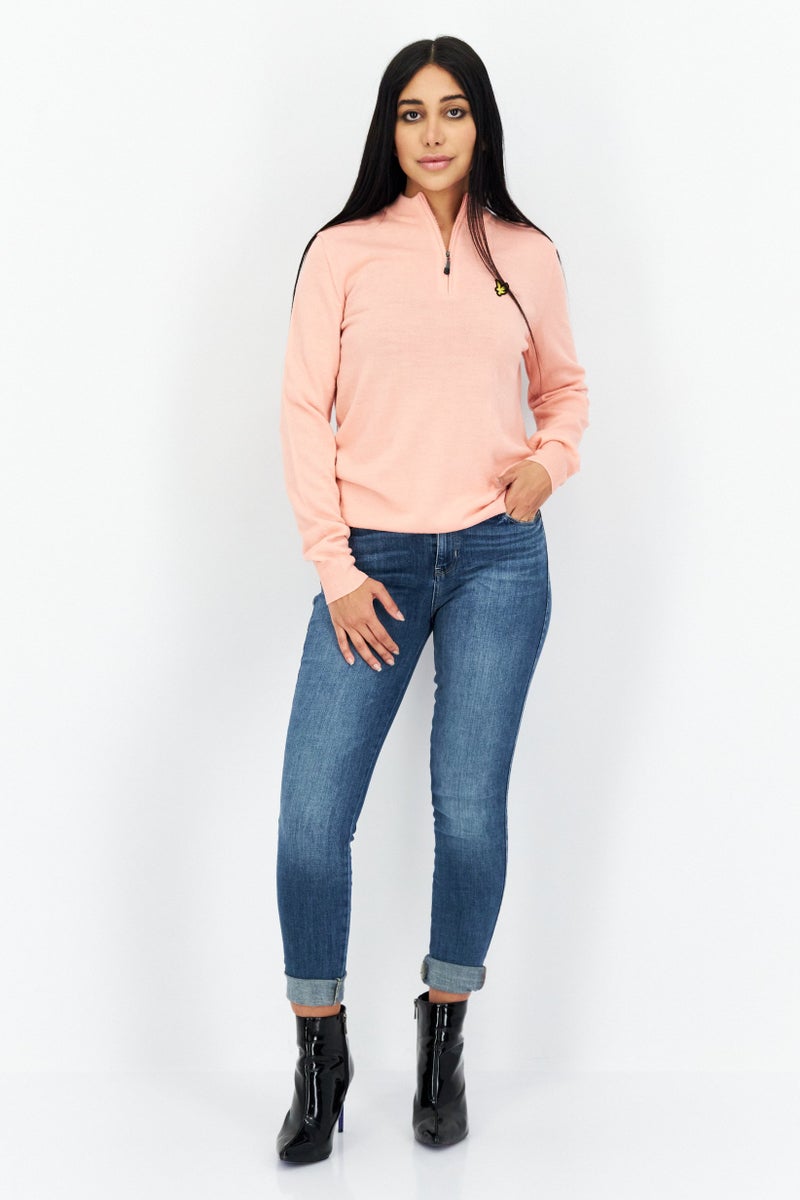 Lyle & Scott Women Mock Neck Embroidered Logo Knitted Sweatshirt, Pink - Image 4