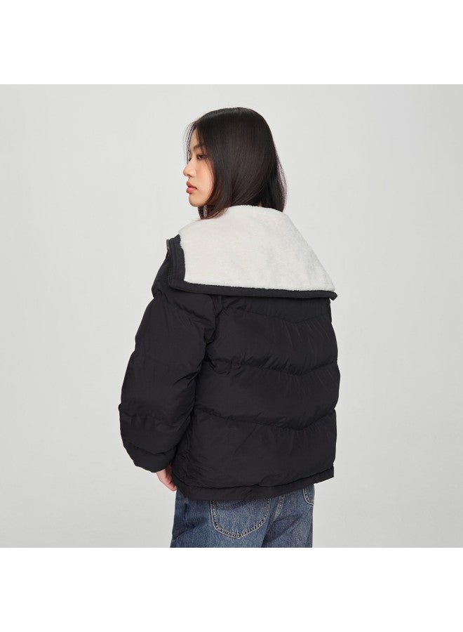 LEE 24 خريف مبكر سترة نسائية مبطنة سوداء بياقة بحار من الفرو الصناعي المريح - Image 3