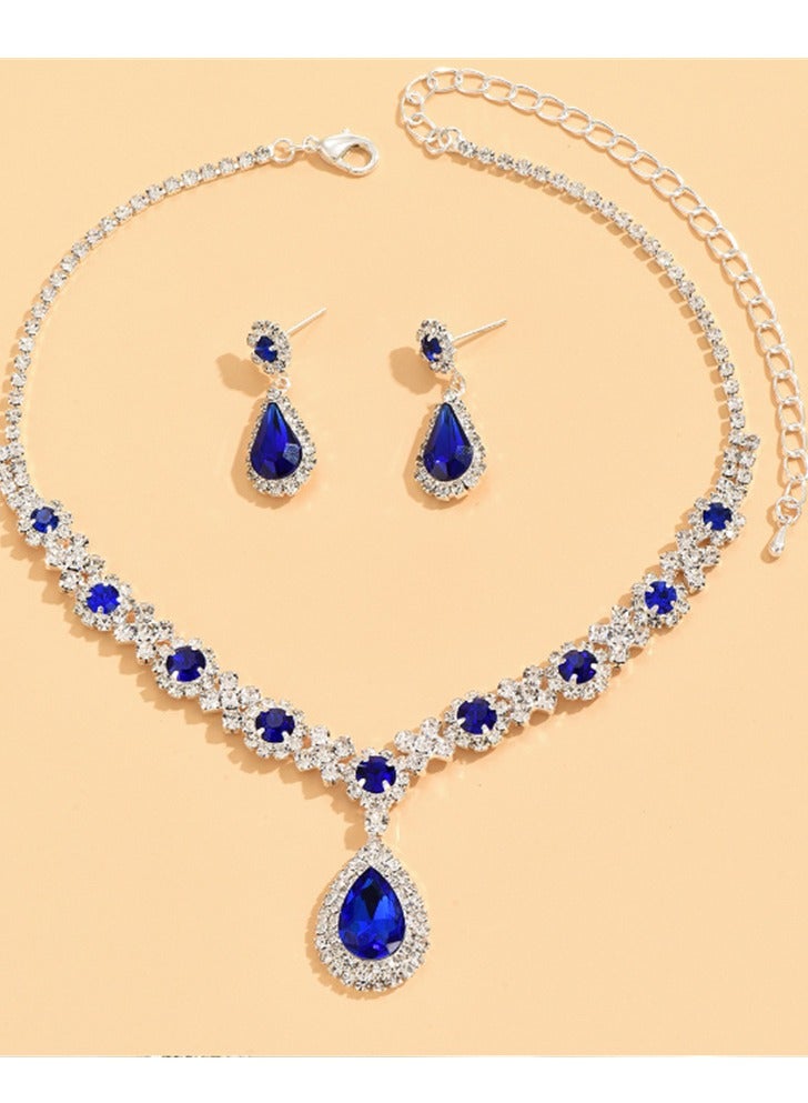 3PCS Rhinestone Necklace Earrings Drop Pendant Bridal Evening Gown Accessories For Women Blue