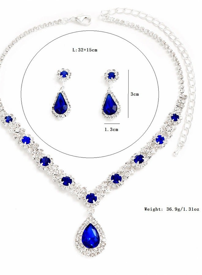 3PCS Rhinestone Necklace Earrings Drop Pendant Bridal Evening Gown Accessories For Women Blue