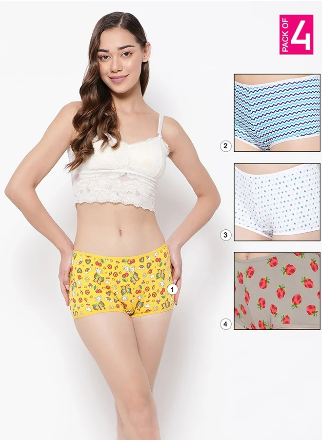 كلوفيا Clovia Pack of 4 Mid Waist Printed Boyshorts - Cotton