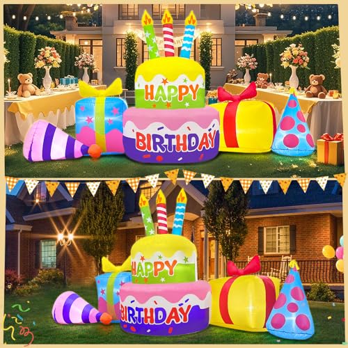KOOY 8FT Inflatable Happy Birthday Cake Decoration with Candles Blow up Outdoor Yard Decorations Builtin LED Lights for Holiday Party Garden Lawn Indoor Home Celebration - Image 3