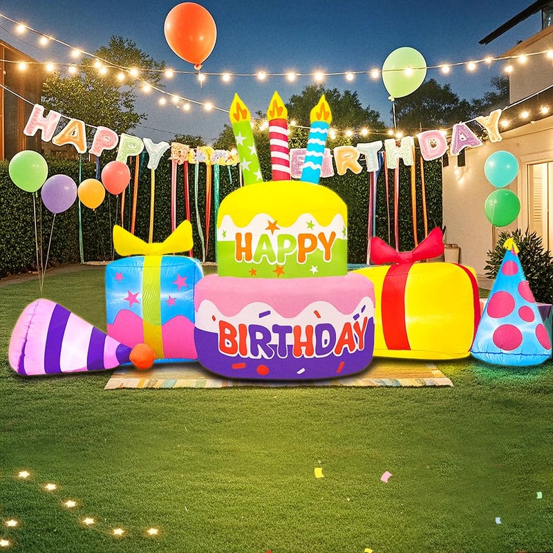 KOOY 8FT Inflatable Happy Birthday Cake Decoration with Candles Blow up Outdoor Yard Decorations Builtin LED Lights for Holiday Party Garden Lawn Indoor Home Celebration - Image 2