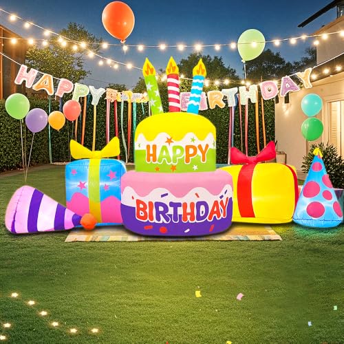 KOOY 8FT Inflatable Happy Birthday Cake Decoration with Candles Blow up Outdoor Yard Decorations Builtin LED Lights for Holiday Party Garden Lawn Indoor Home Celebration - Image 1