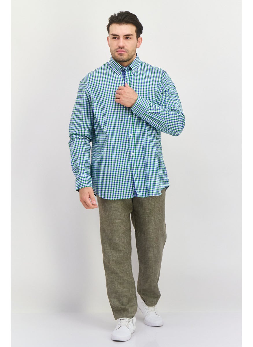 Tailorbyrd - Men Regular Fit Gingham Long Sleeve Casual Shirt, Green - Image 1