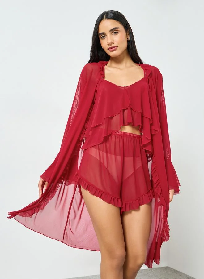 تايك تو طقم من 3 قطع - مجموعة من روب وشورت وبلوزة كامي بملمس شبكي وحافة بكشكش