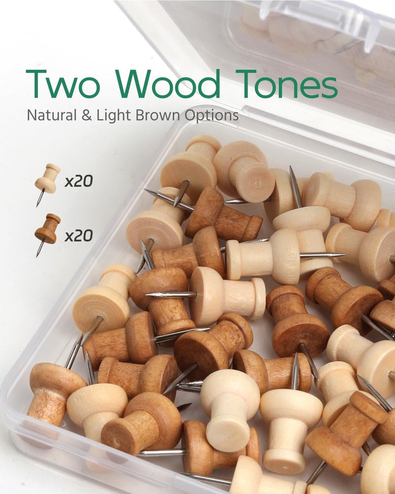 Flickzo 40 Pcs Wood Push Pins, Decorative Wooden Thumb Tacks for Cork Board, Natural & Light Brown Pins and Tacks, Bulletin Board Accessories, Map Tacks - Image 2